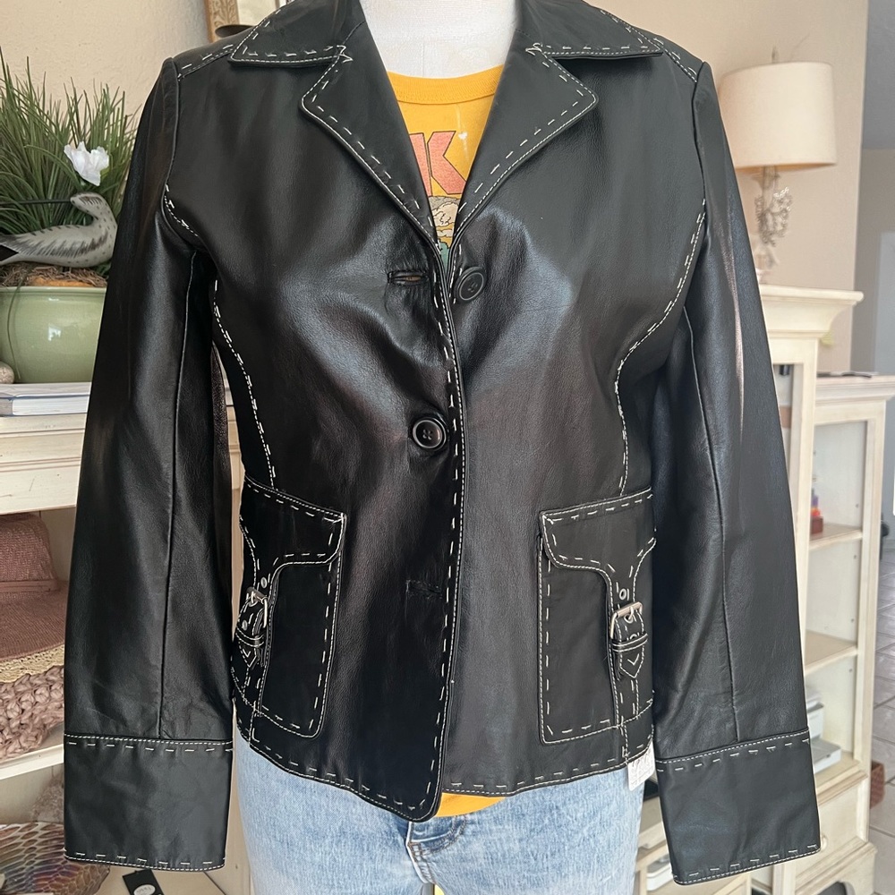 Danier Vintage Stitched Leather Blazer Jacket Petite